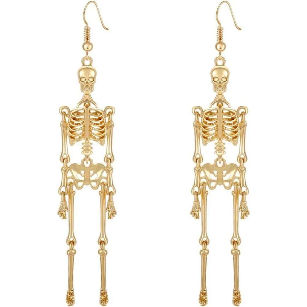 Women's Gold Metal Halloween Skeleton Earrings Spooky Skull Skeleton Dangle